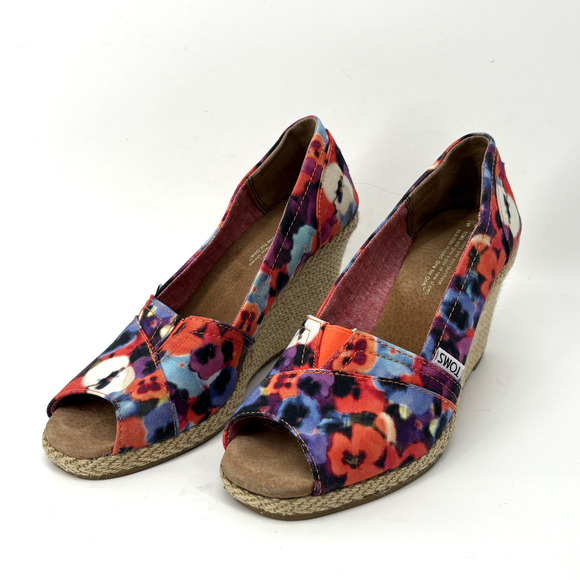 Toms Wedge Espadrilles Womens 8.5 Floral Open Toe Summer Party Poppy - Picture 2 of 9